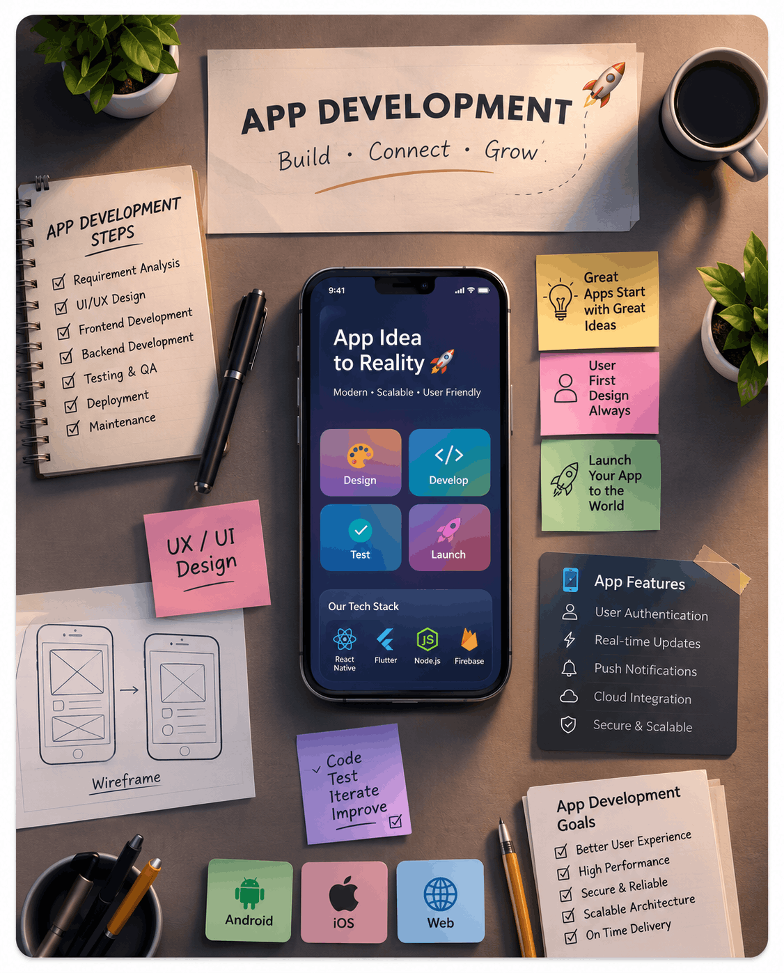 App development workspace with native, cross-platform, and store launch workflow